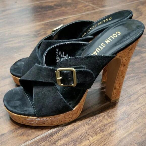 Colin Stuart Heels Size 7.5 Black Cork Bottoms Peep Toe Strappy - Picture 2 of 4